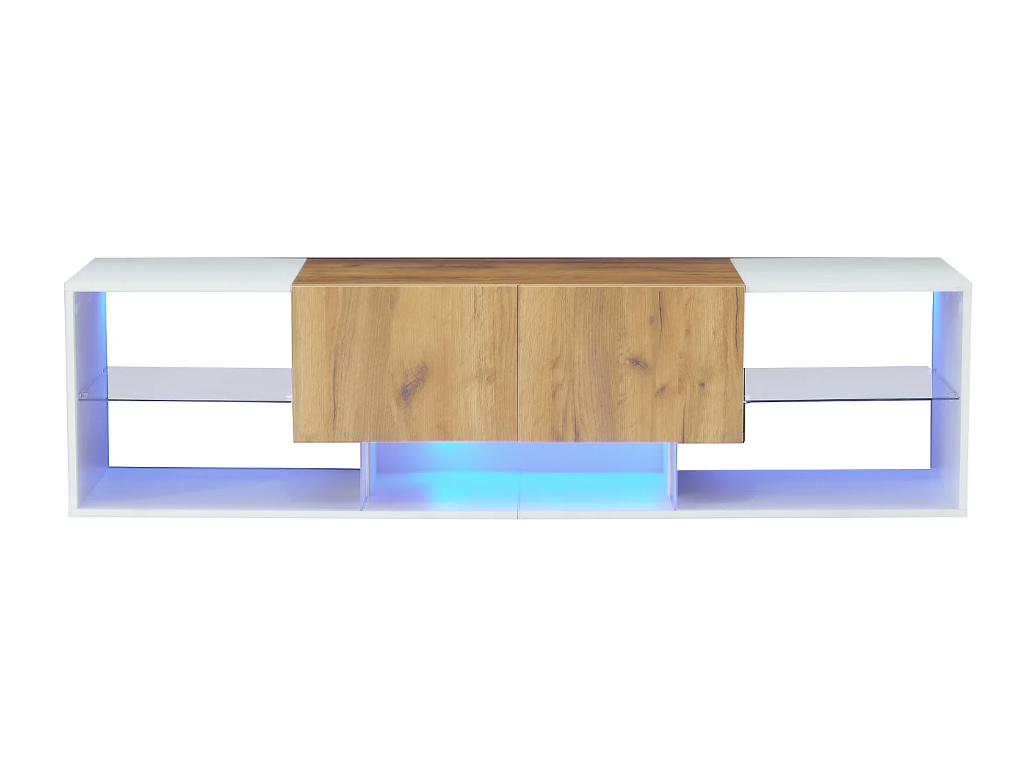 Meuble TV 160x40x42 cm, LED dimmable, 2 tiroirs, étagère en verre, panneau de particules, blanc et bois naturel