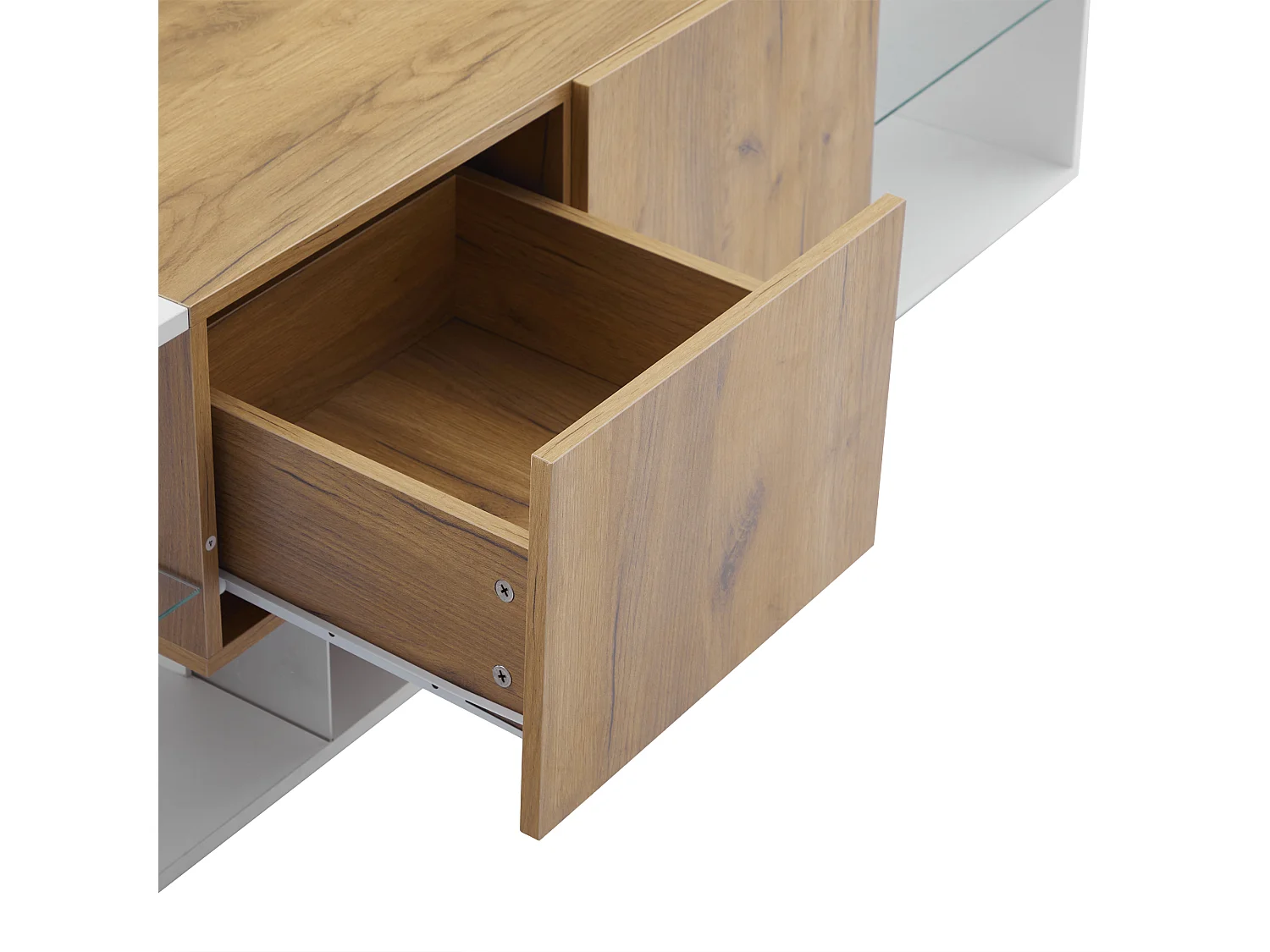 Meuble TV 160x40x42 cm, LED dimmable, 2 tiroirs, étagère en verre, panneau de particules, blanc et bois naturel