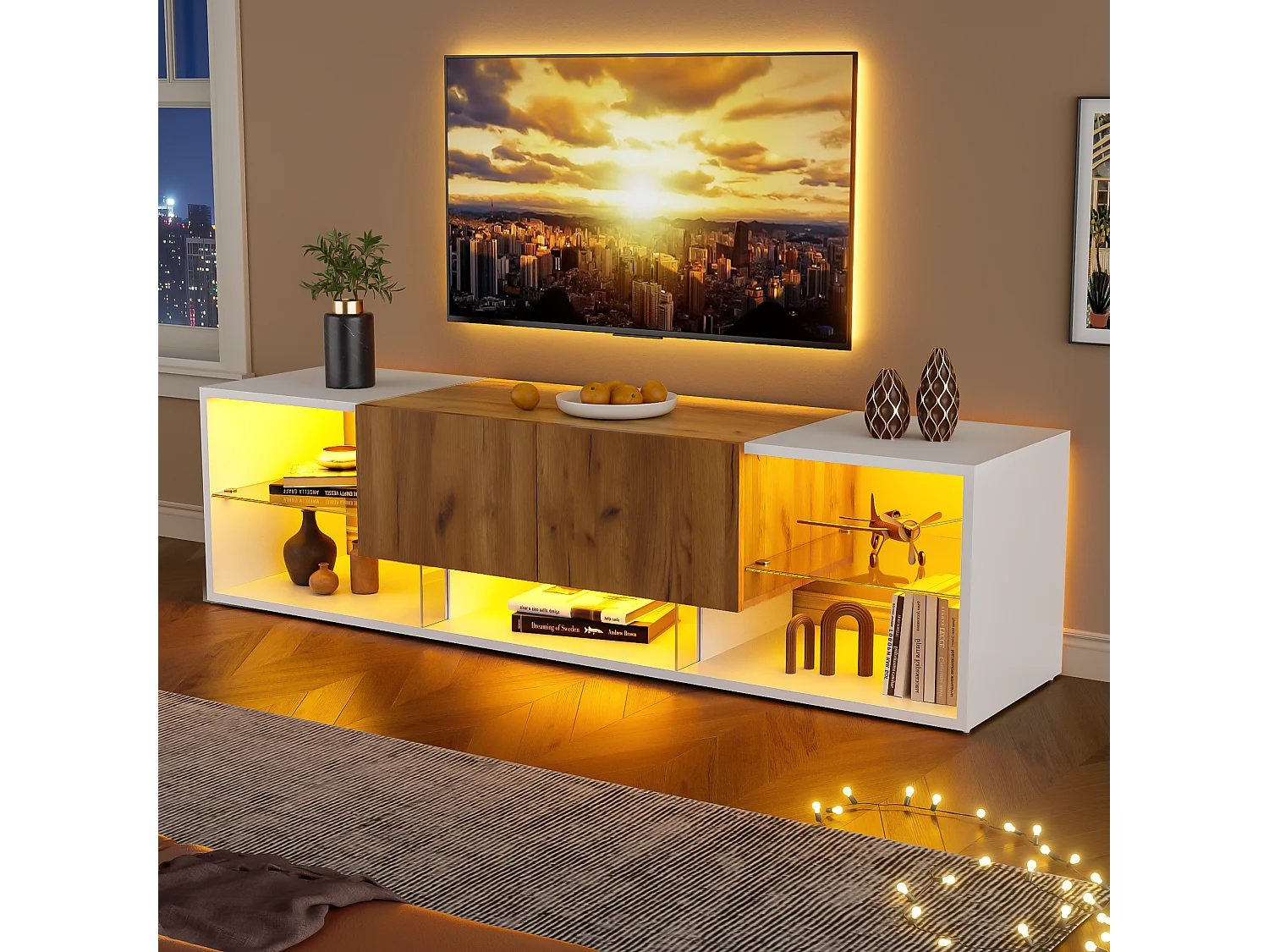 Meuble TV 160x39x40 cm avec 1 porte 2 tiroirs en rotin - meuble de rangement pieds réglables en bois - marron