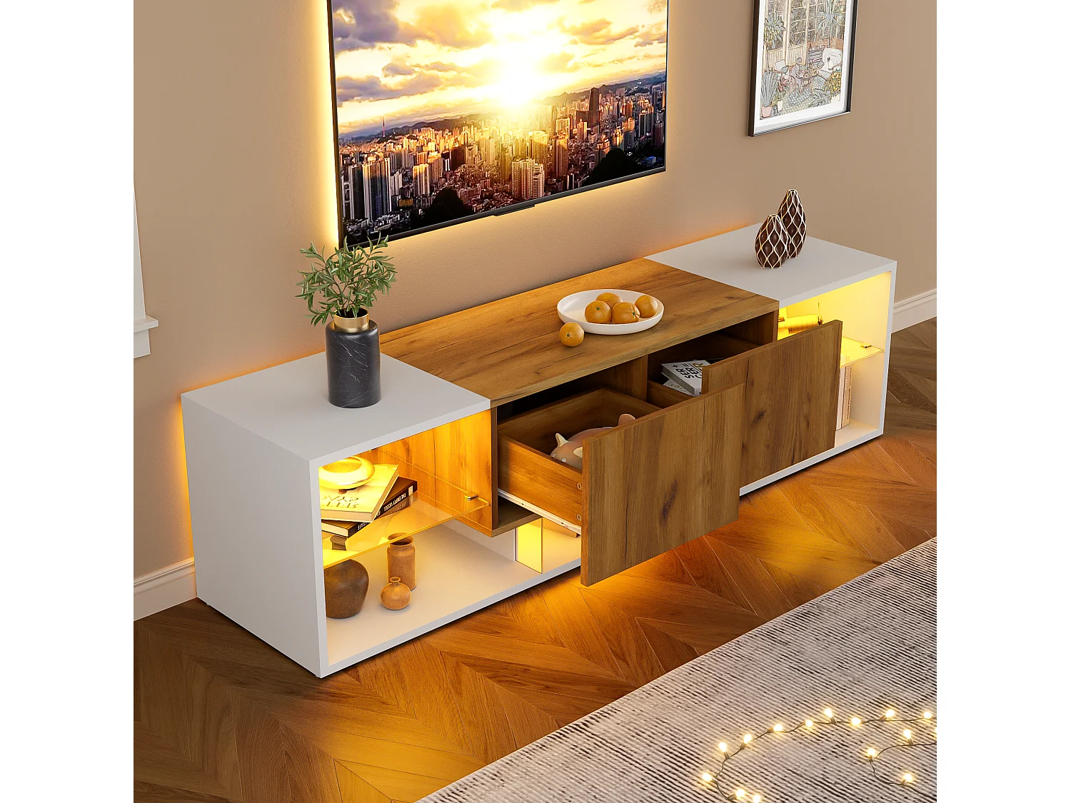 Meuble TV 160x40x42 cm, LED dimmable, 2 tiroirs, étagère en verre, panneau de particules, blanc et bois naturel