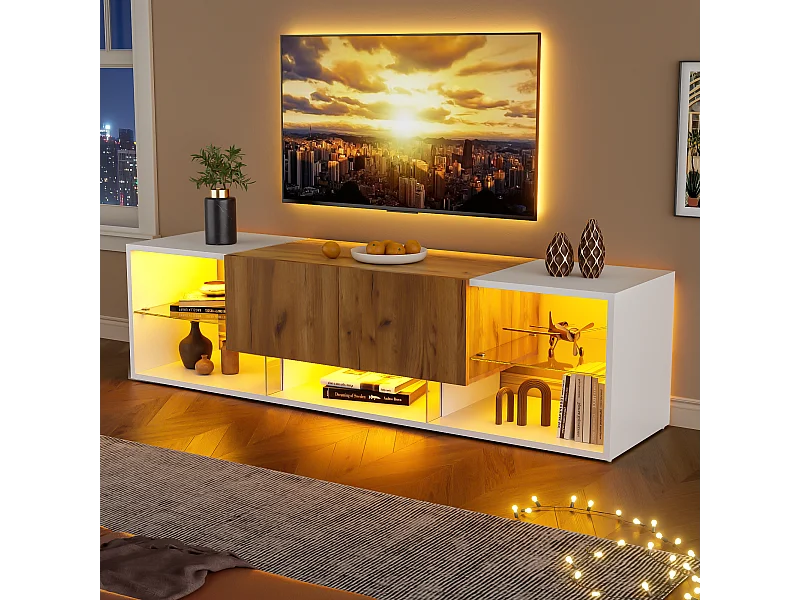 Meuble TV 160x39x40 cm avec 1 porte 2 tiroirs en rotin - meuble de rangement pieds réglables en bois - marron
