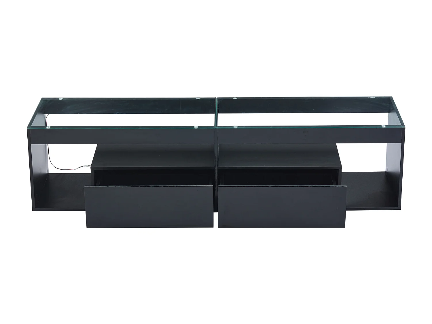 Meuble TV 180x40x46 cm LED salon 2 tiroirs et rangement ouvert en bois - verre décoratif - noir