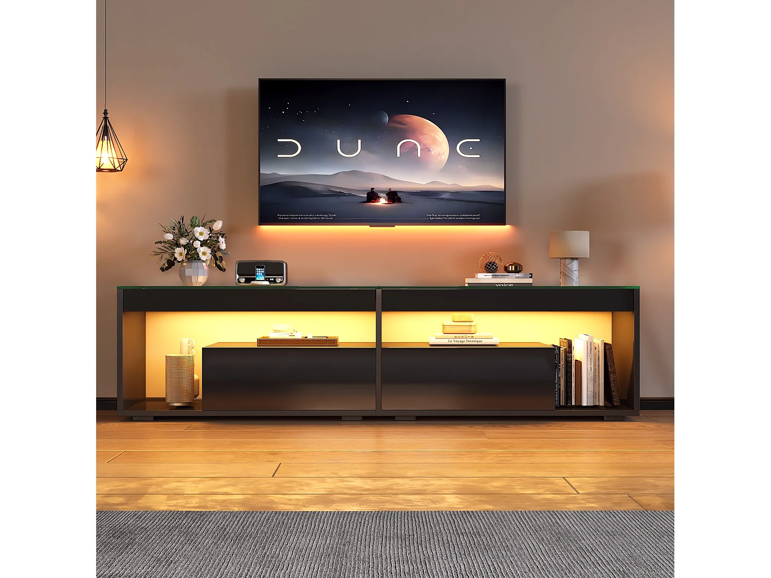 Meuble TV LED 180x40x46 cm, 2 tiroirs, verre trempé et panneaux de particules, noir
