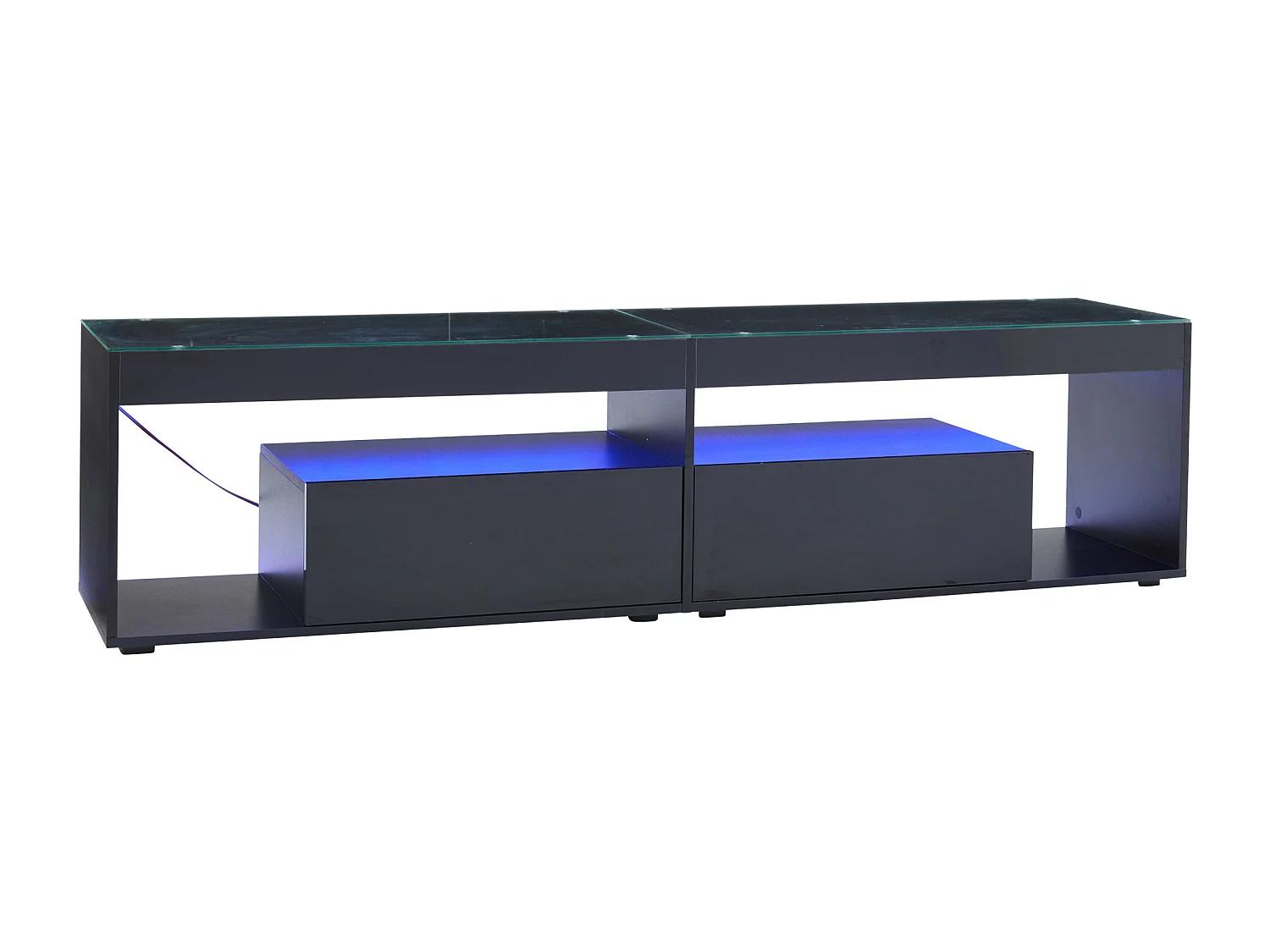Meuble TV LED 180x40x46 cm, 2 tiroirs, verre trempé et panneaux de particules, noir