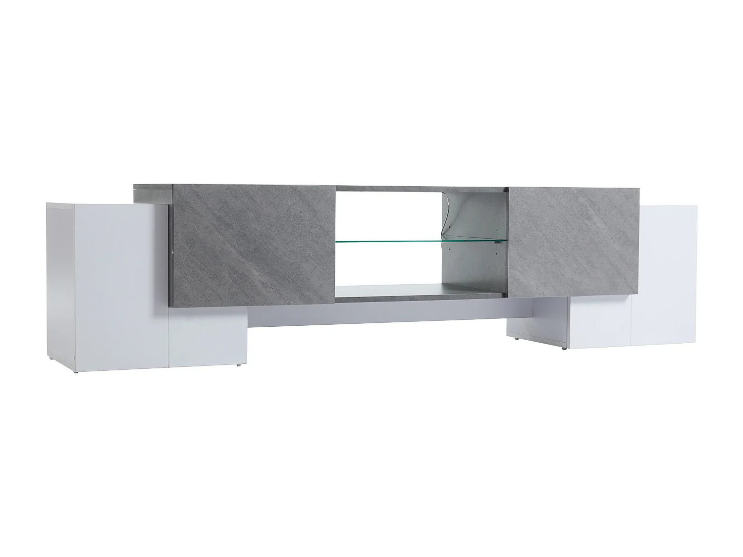 Meuble TV 180x40x46.5 cm, LED avec contrôle par application, 4 portes, MDF blanc et gris