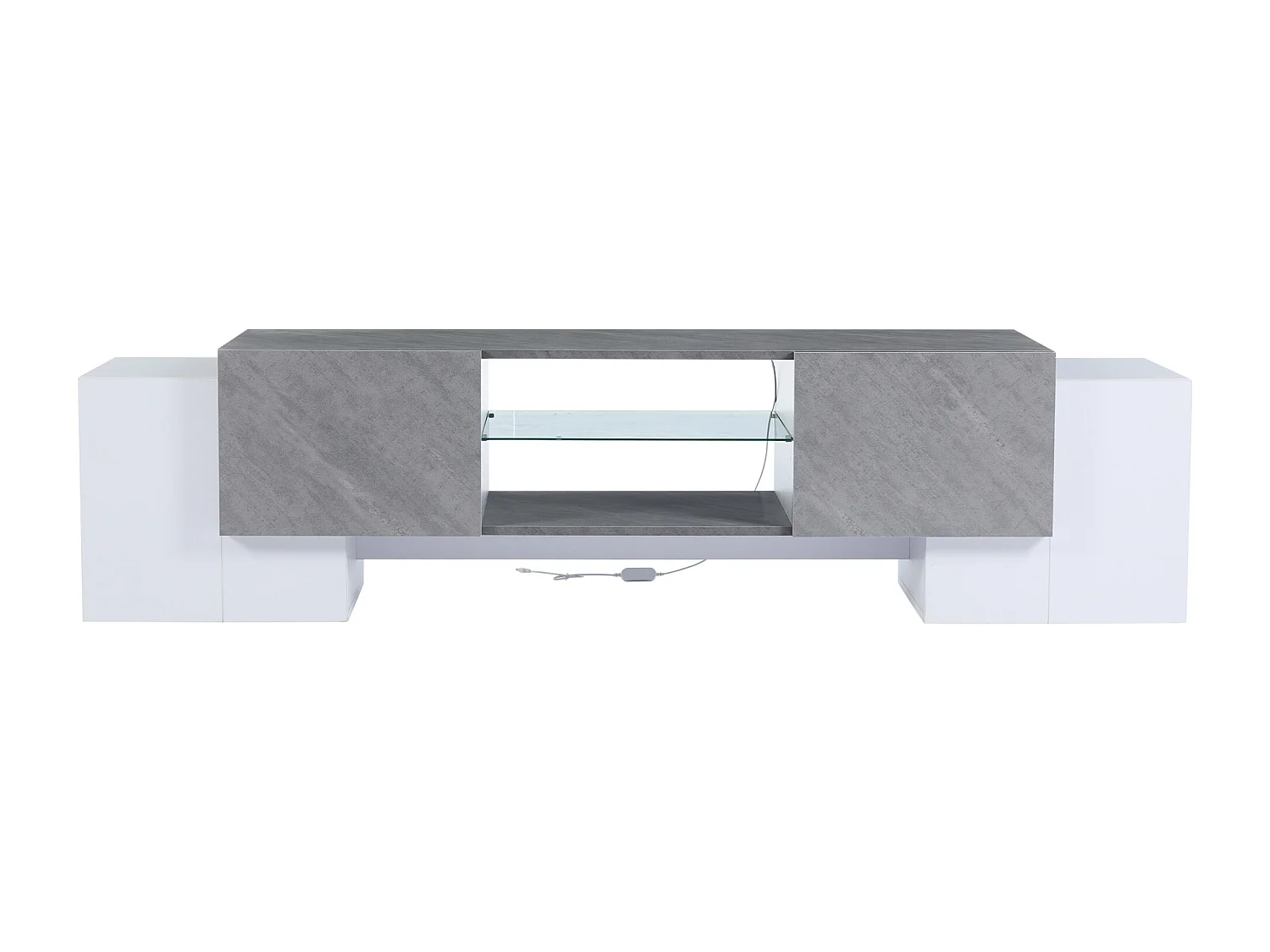 Meuble TV 180x40x46.5 cm, LED avec contrôle par application, 4 portes, MDF blanc et gris