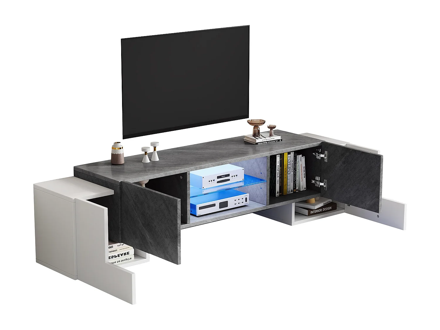 Meuble TV 180x40x46.5 cm, LED avec contrôle par application, 4 portes, MDF blanc et gris