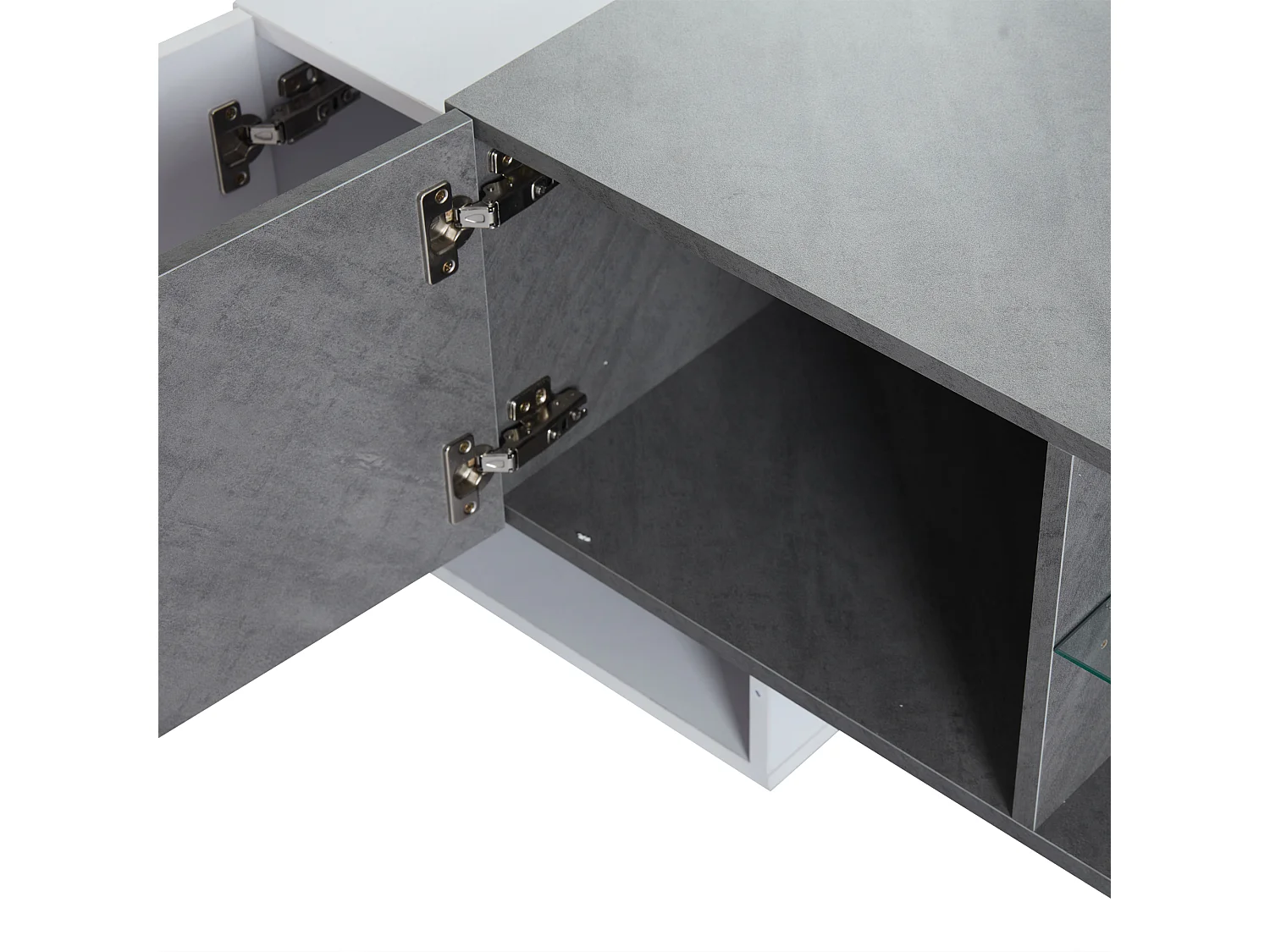 Meuble TV 180x40x46.5 cm, LED avec contrôle par application, 4 portes, MDF blanc et gris