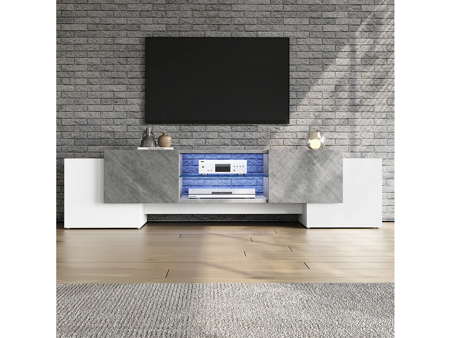 Meuble TV 180x40x46.5 cm, LED avec contrôle par application, 4 portes, MDF blanc et gris