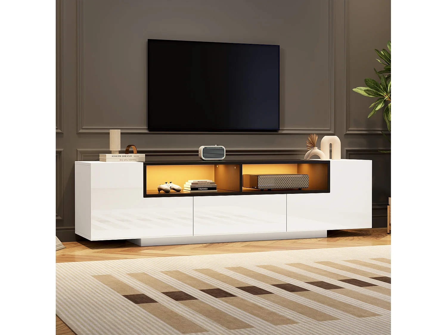 Meuble TV 180x40x48 cm, LED contrôlé par application, 2 rangements en L, 1 tiroir, panneaux de particules blanc