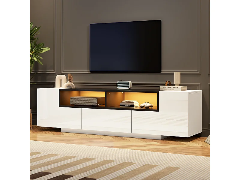 Meuble TV 180x40x48 cm LED salon avec 2 portes et 1 tiroir de rangement en bois - blanc