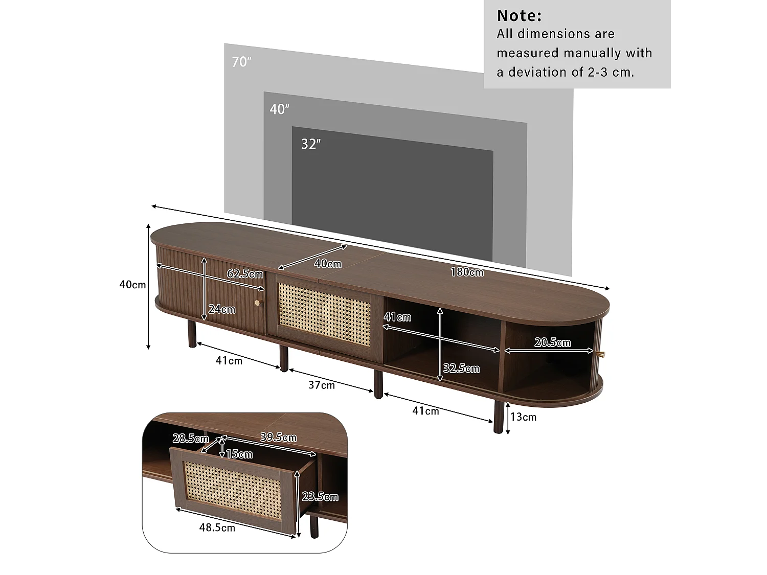 Meuble TV ovale 180x40x40 cm avec 2 portes 1 tiroir en rotin et rangement - pieds réglables - bois - noyer