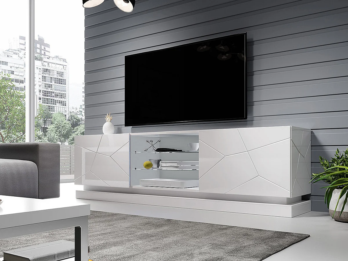 Meuble TV Charlotte 128, Blanc|Blanc brillant, Le nombre de portes: 2, 200x57x40cm