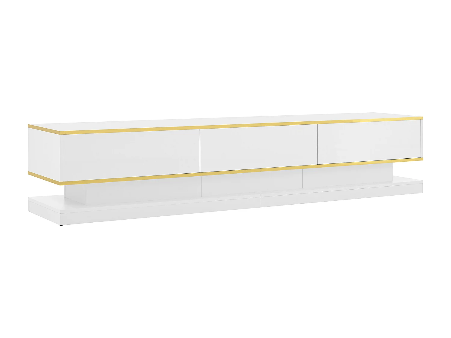 Meuble TV 200x40x40 cm avec 3 tiroirs de rangement - décoration bois blanc chaud bord doré - en bois