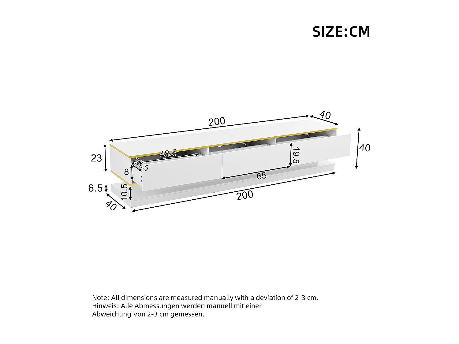 Meuble TV 200x40x40 cm avec 3 tiroirs de rangement - décoration bois blanc chaud bord doré - en bois