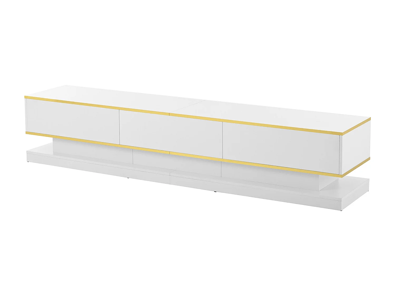 Meuble TV 200x40x40 cm avec 3 tiroirs de rangement - décoration bois blanc chaud bord doré - en bois
