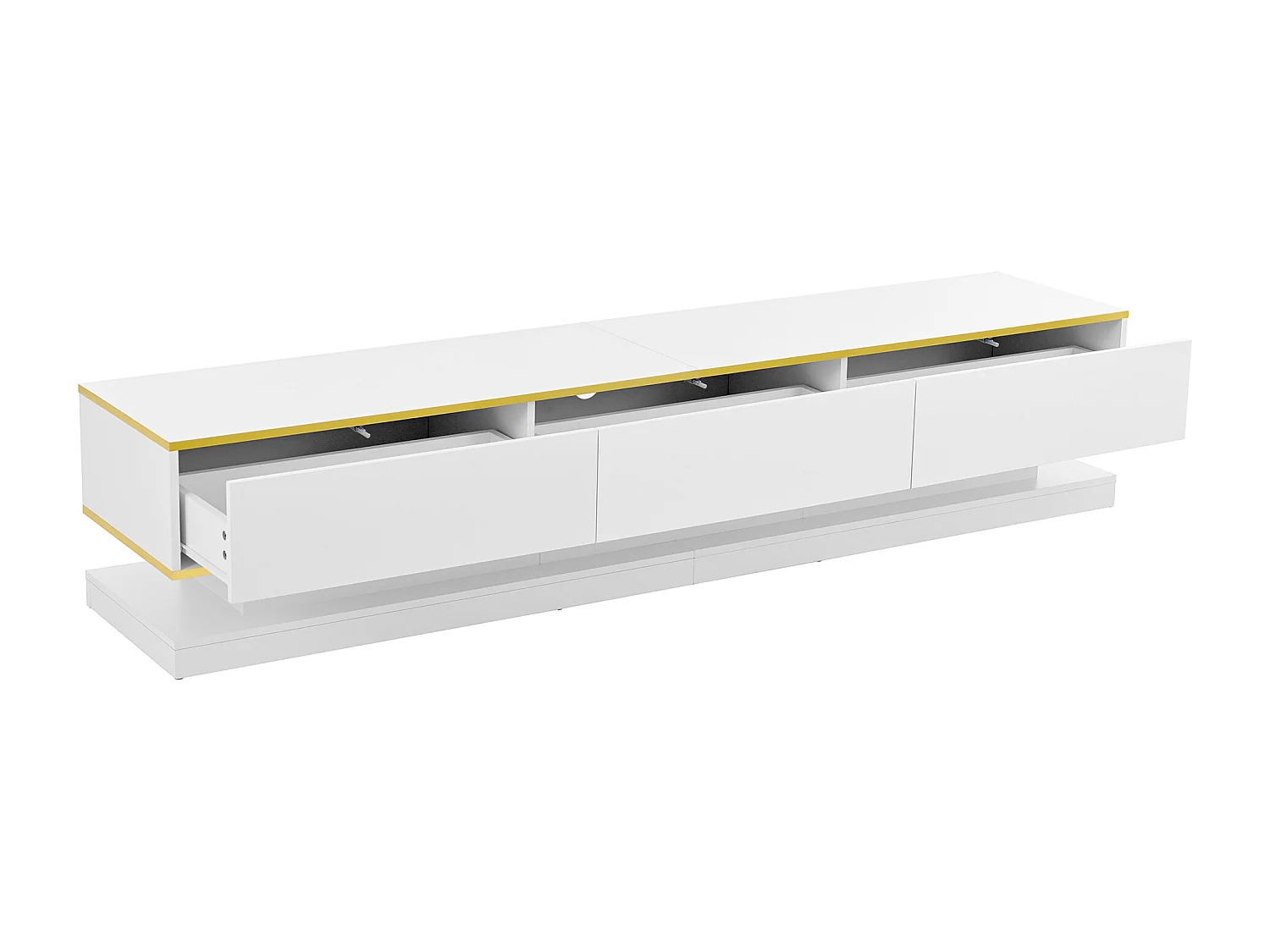 Meuble TV 200x40x40 cm, 3 tiroirs et étagères ouvertes, finition brillante, panneaux de particules blanc chaud et bord doré