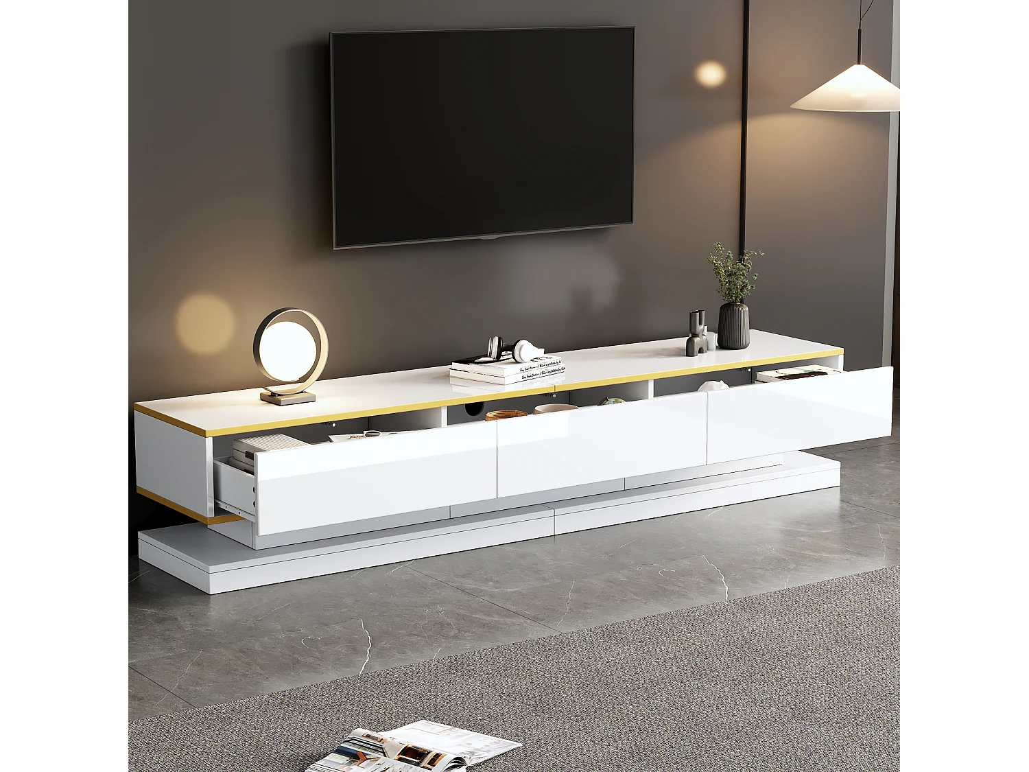 Meuble TV 200x40x40 cm, 3 tiroirs et étagères ouvertes, finition brillante, panneaux de particules blanc chaud et bord doré