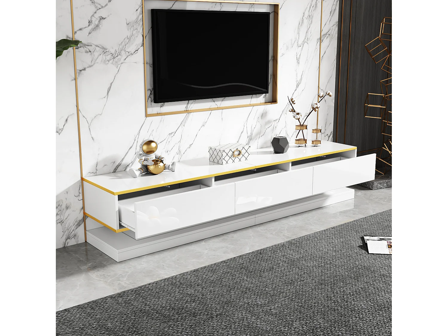 Meuble TV 200x40x40 cm, 3 tiroirs et étagères ouvertes, finition brillante, panneaux de particules blanc chaud et bord doré