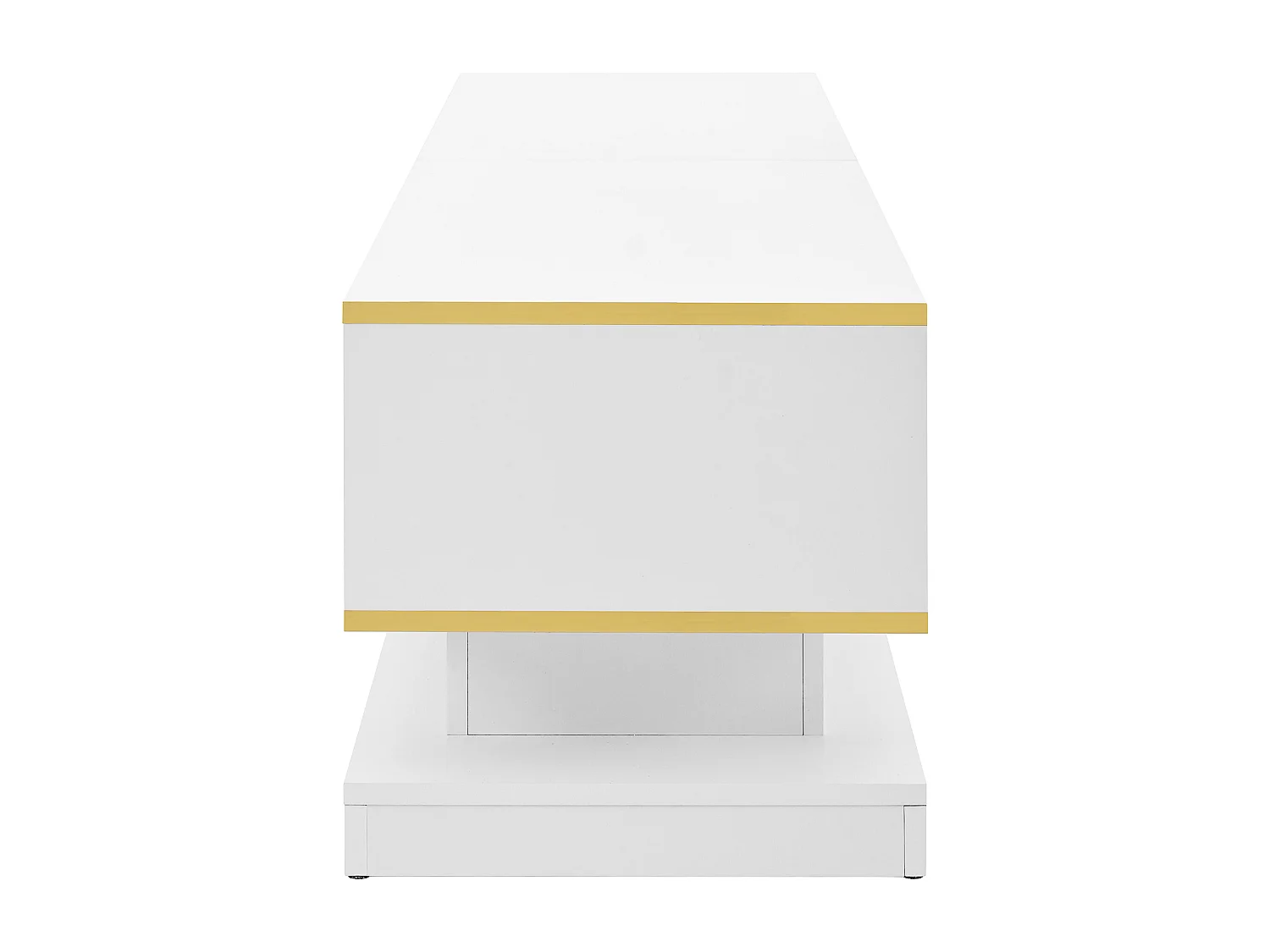 Meuble TV 200x40x40 cm, 3 tiroirs et étagères ouvertes, finition brillante, panneaux de particules blanc chaud et bord doré