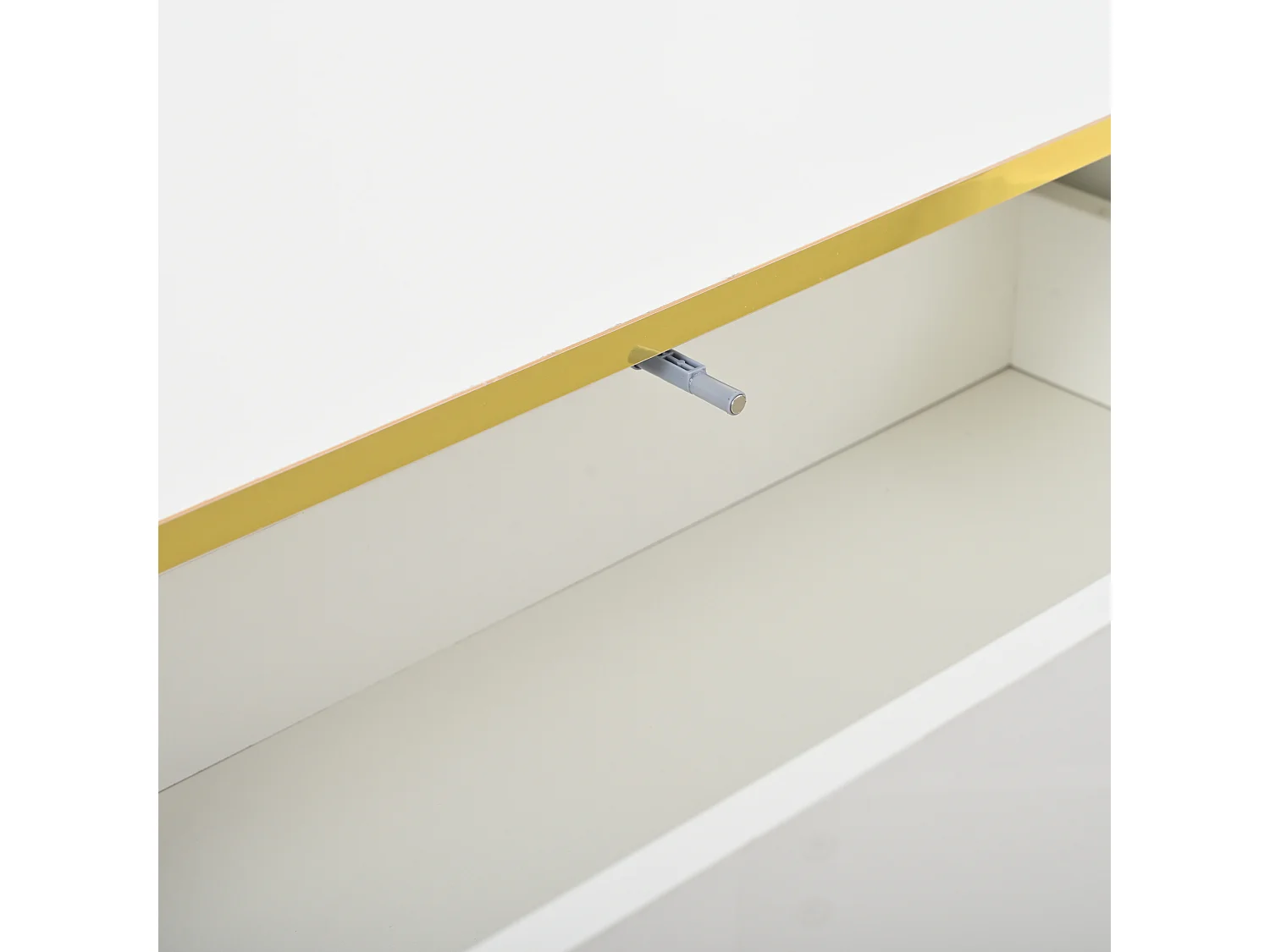 Meuble TV 200x40x40 cm, 3 tiroirs et étagères ouvertes, finition brillante, panneaux de particules blanc chaud et bord doré