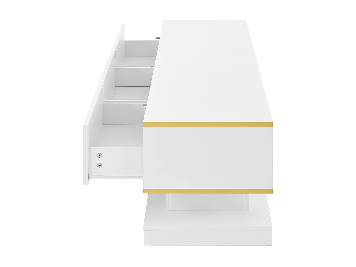 Meuble TV 200x40x40 cm, 3 tiroirs et étagères ouvertes, finition brillante, panneaux de particules blanc chaud et bord doré