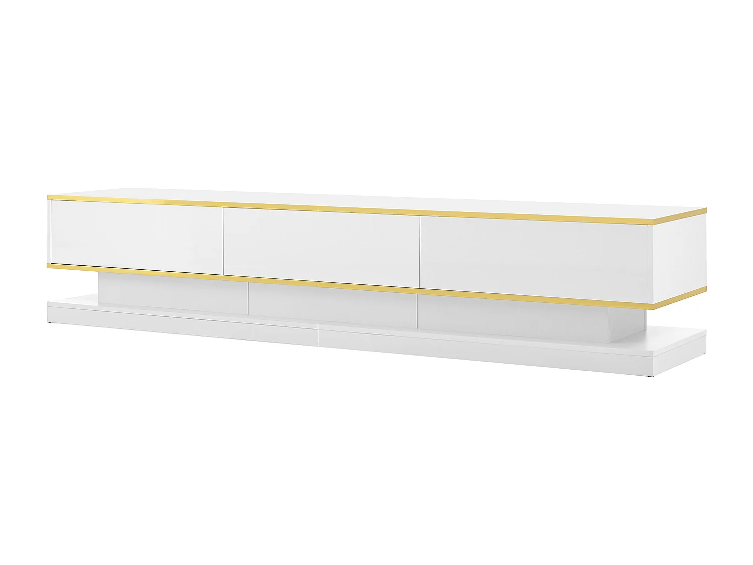 Meuble TV 200x40x40 cm, 3 tiroirs et étagères ouvertes, finition brillante, panneaux de particules blanc chaud et bord doré