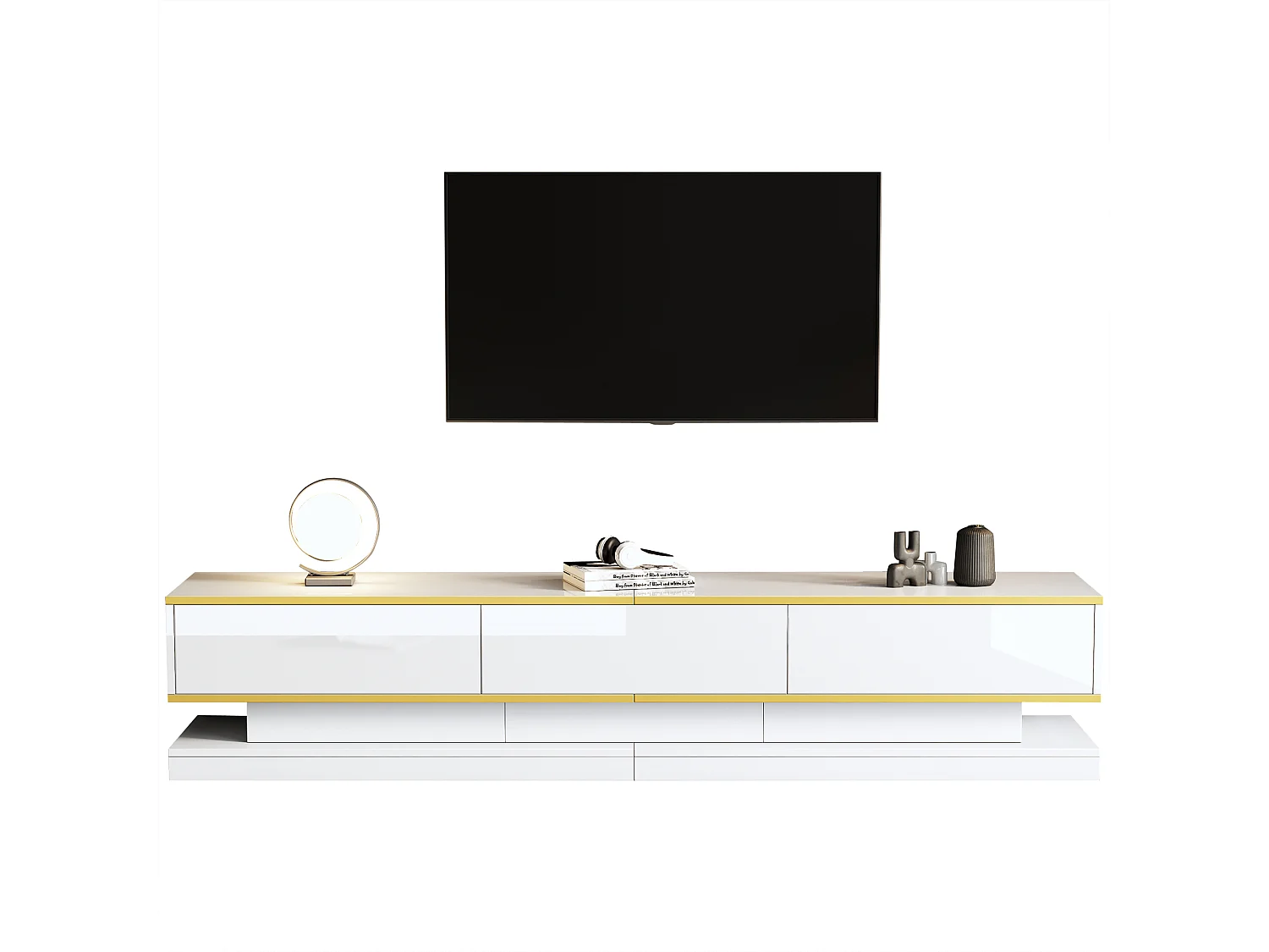 Meuble TV 200x40x40 cm, 3 tiroirs et étagères ouvertes, finition brillante, panneaux de particules blanc chaud et bord doré