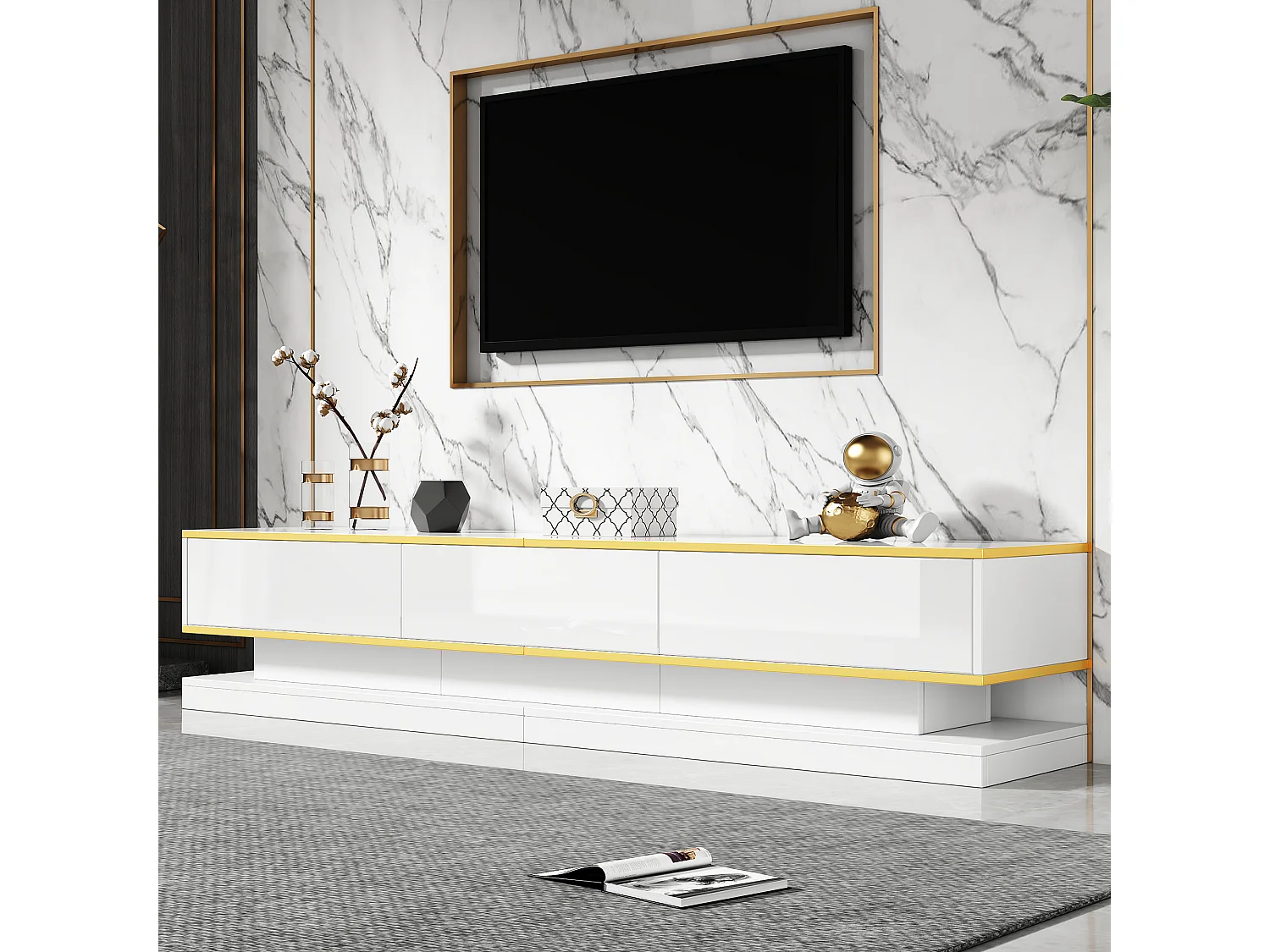 Meuble TV 200x40x40 cm, 3 tiroirs et étagères ouvertes, finition brillante, panneaux de particules blanc chaud et bord doré