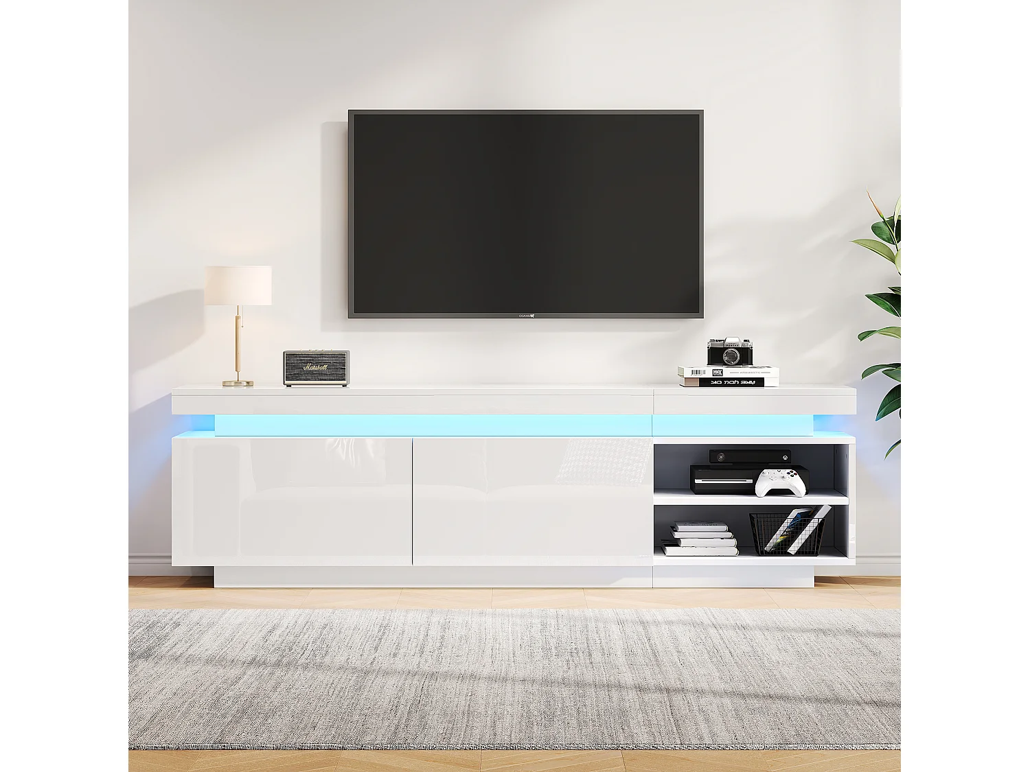 Meuble TV 170x35x50 cm LED bois 2 portes meuble de rangement ouvert - blanc