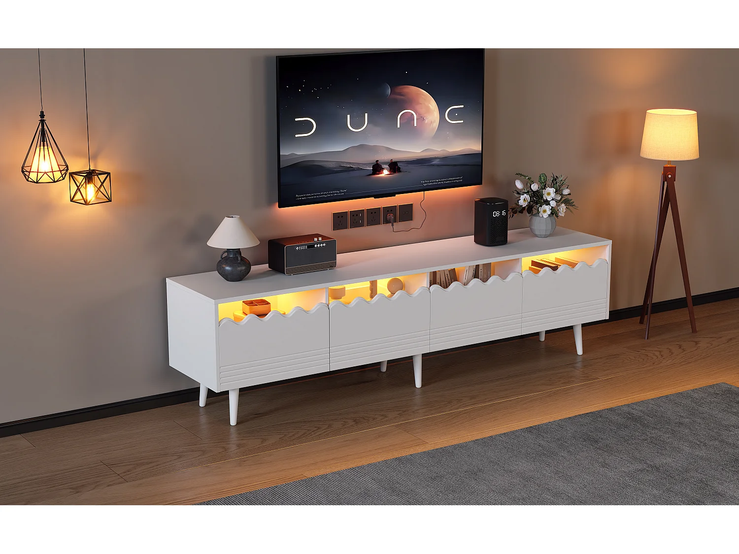 Meuble TV 176x38x30 cm LED avec 2 portes 2 tiroirs et rangement - pieds en bois - verre décoratif - blanc