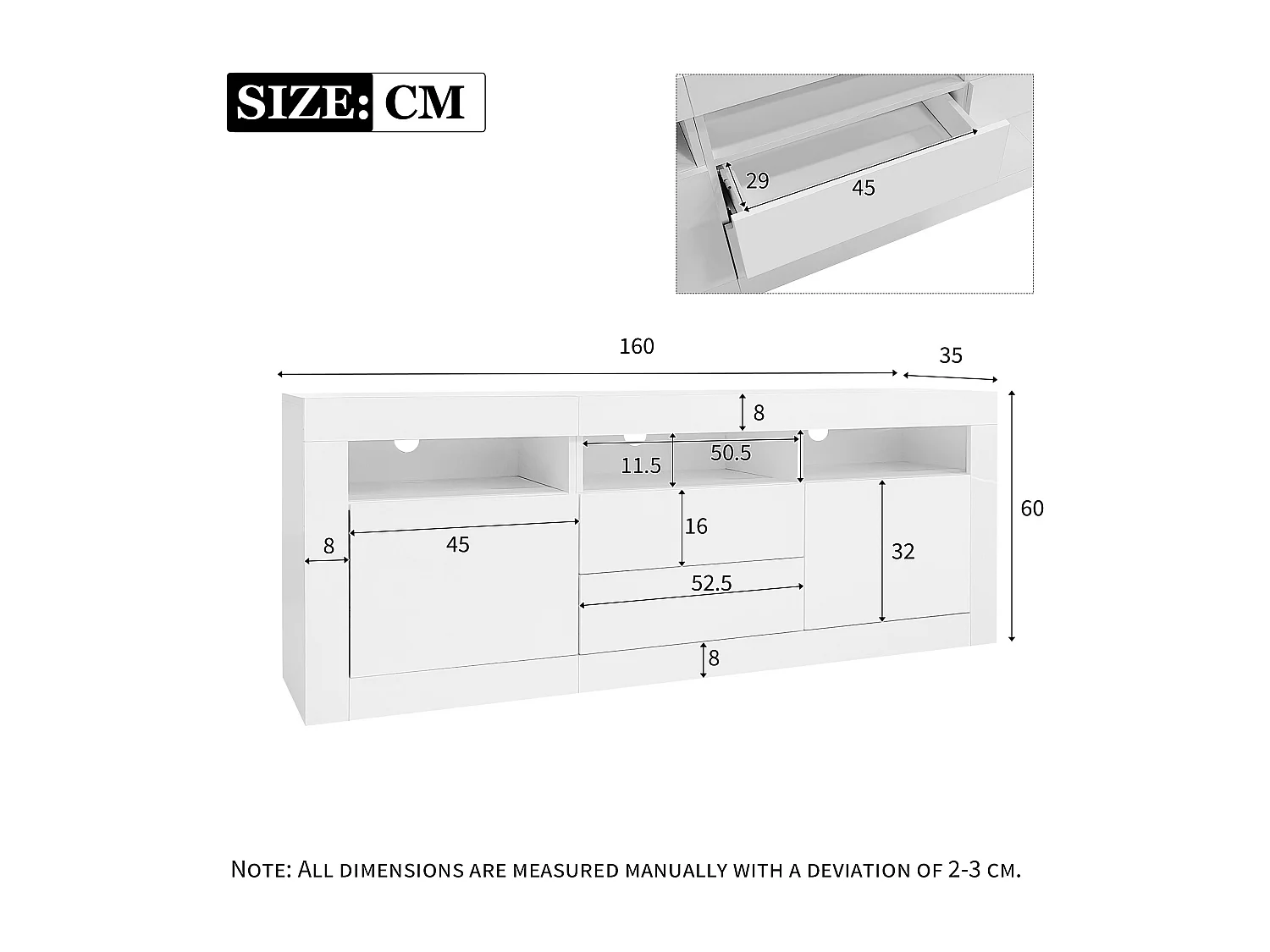 Meuble TV 160x35x60 cm, LED contrôlée par application, 3 niches 2 portes 2 tiroirs, panneau de particules blanc