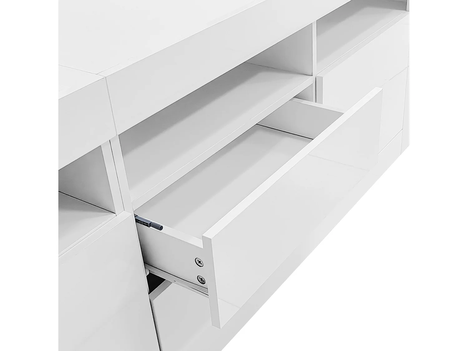 Meuble TV 160x35x60 cm, LED contrôlée par application, 3 niches 2 portes 2 tiroirs, panneau de particules blanc