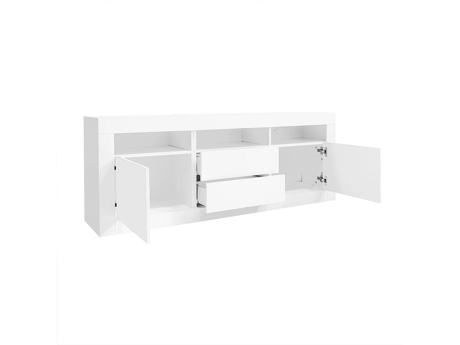 Meuble TV 160x35x60 cm, LED contrôlée par application, 3 niches 2 portes 2 tiroirs, panneau de particules blanc