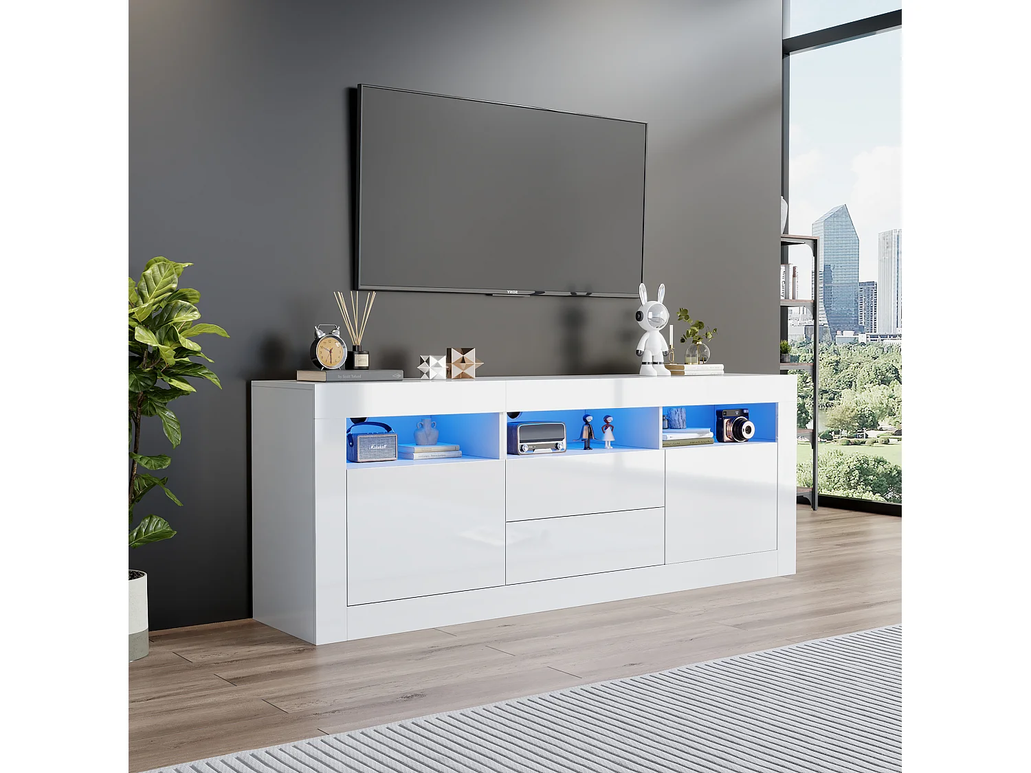 Meuble TV 160x35x60 cm, LED contrôlée par application, 3 niches 2 portes 2 tiroirs, panneau de particules blanc