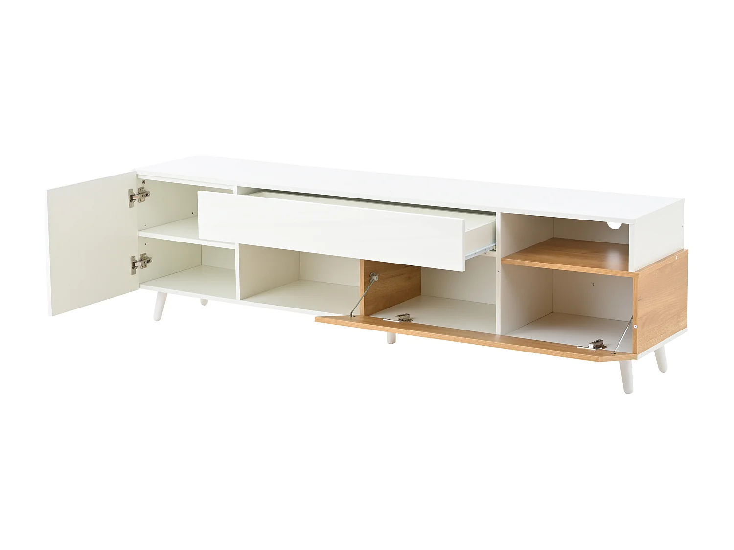 Meuble TV 180x38x50 cm, rangement multiple, façade brillante, panneau de particules, blanc et bois naturel