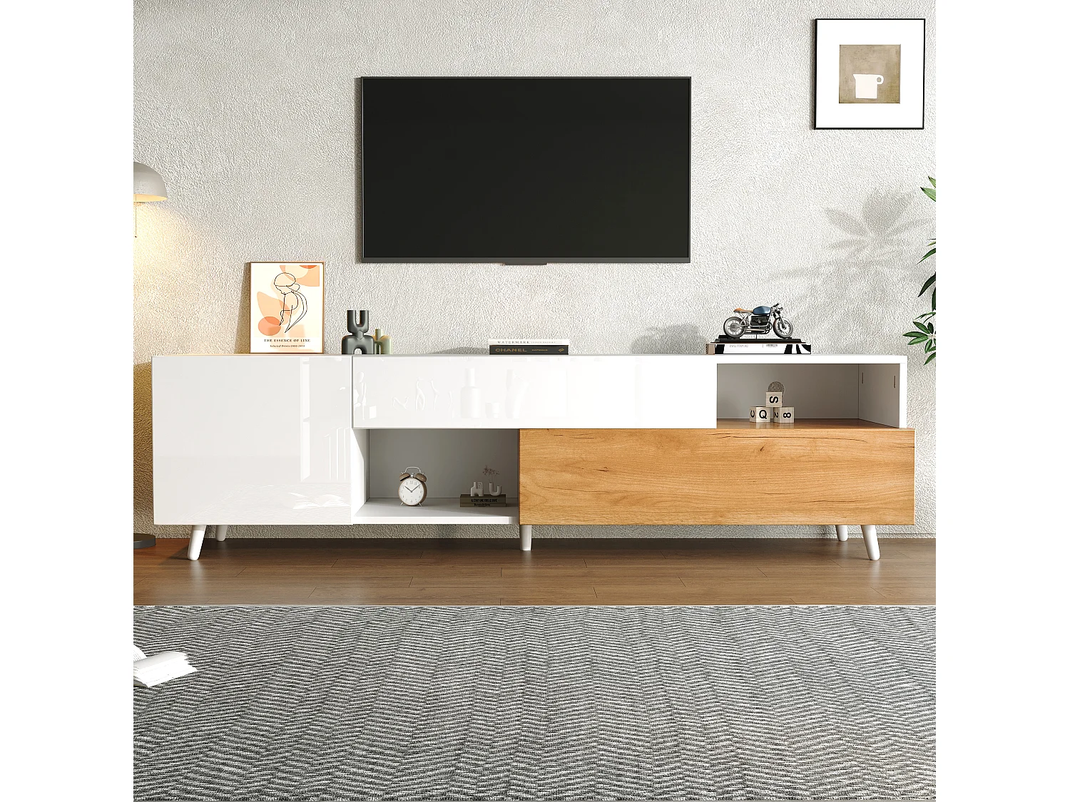 Meuble TV 180x38x50 cm, rangement multiple, façade brillante, panneau de particules, blanc et bois naturel