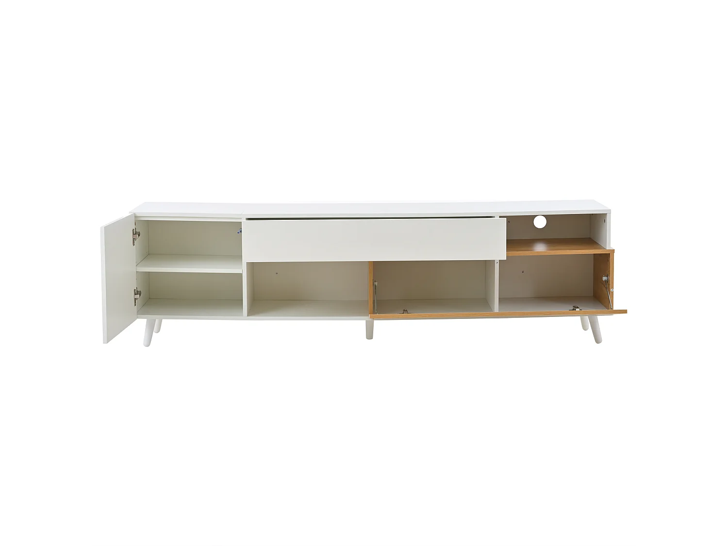 Meuble TV 180x38x50 cm, rangement multiple, façade brillante, panneau de particules, blanc et bois naturel