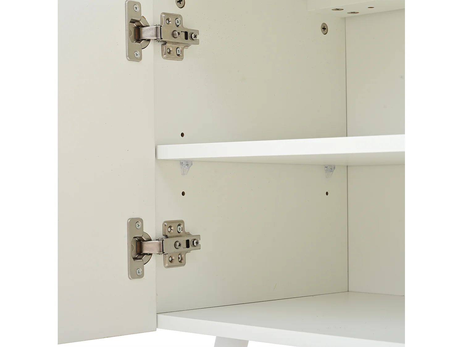 Meuble TV 180x38x50 cm, rangement multiple, façade brillante, panneau de particules, blanc et bois naturel