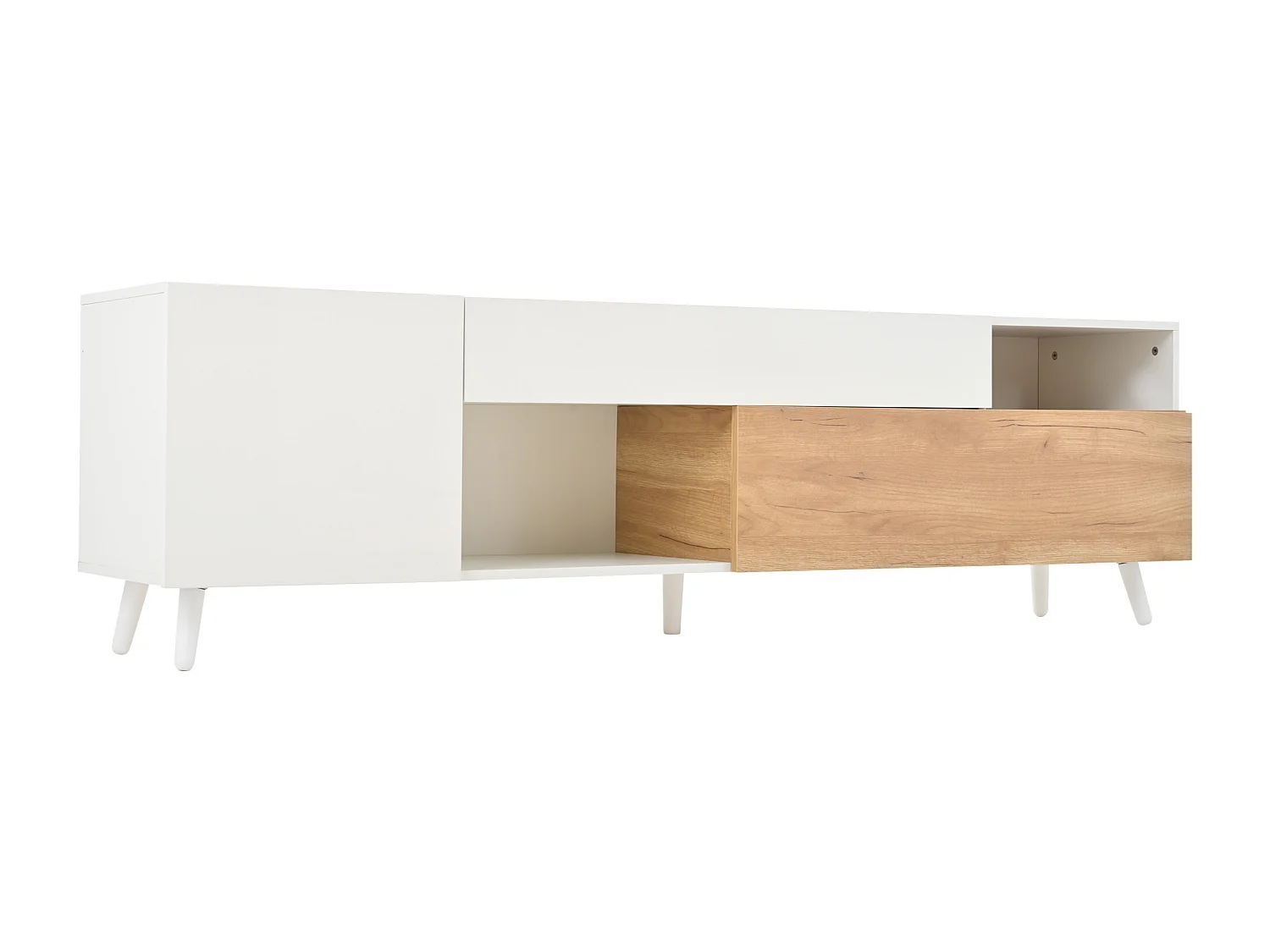 Meuble TV 180x38x50 cm, rangement multiple, façade brillante, panneau de particules, blanc et bois naturel