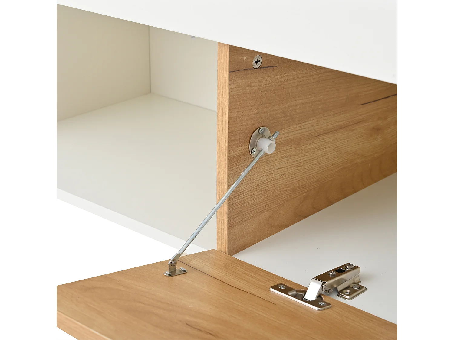 Meuble TV 180x38x50 cm, rangement multiple, façade brillante, panneau de particules, blanc et bois naturel