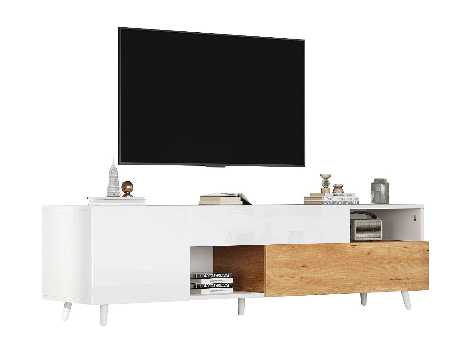 Meuble TV 180x38x50 cm, rangement multiple, façade brillante, panneau de particules, blanc et bois naturel