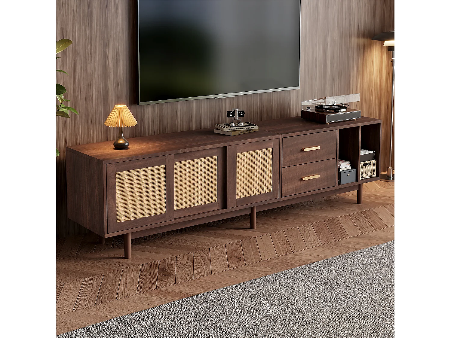 Meuble TV 190x40x52 cm en rotin salon avec 3 portes 2 tiroirs et rangement ouvert - pieds en bois - marron
