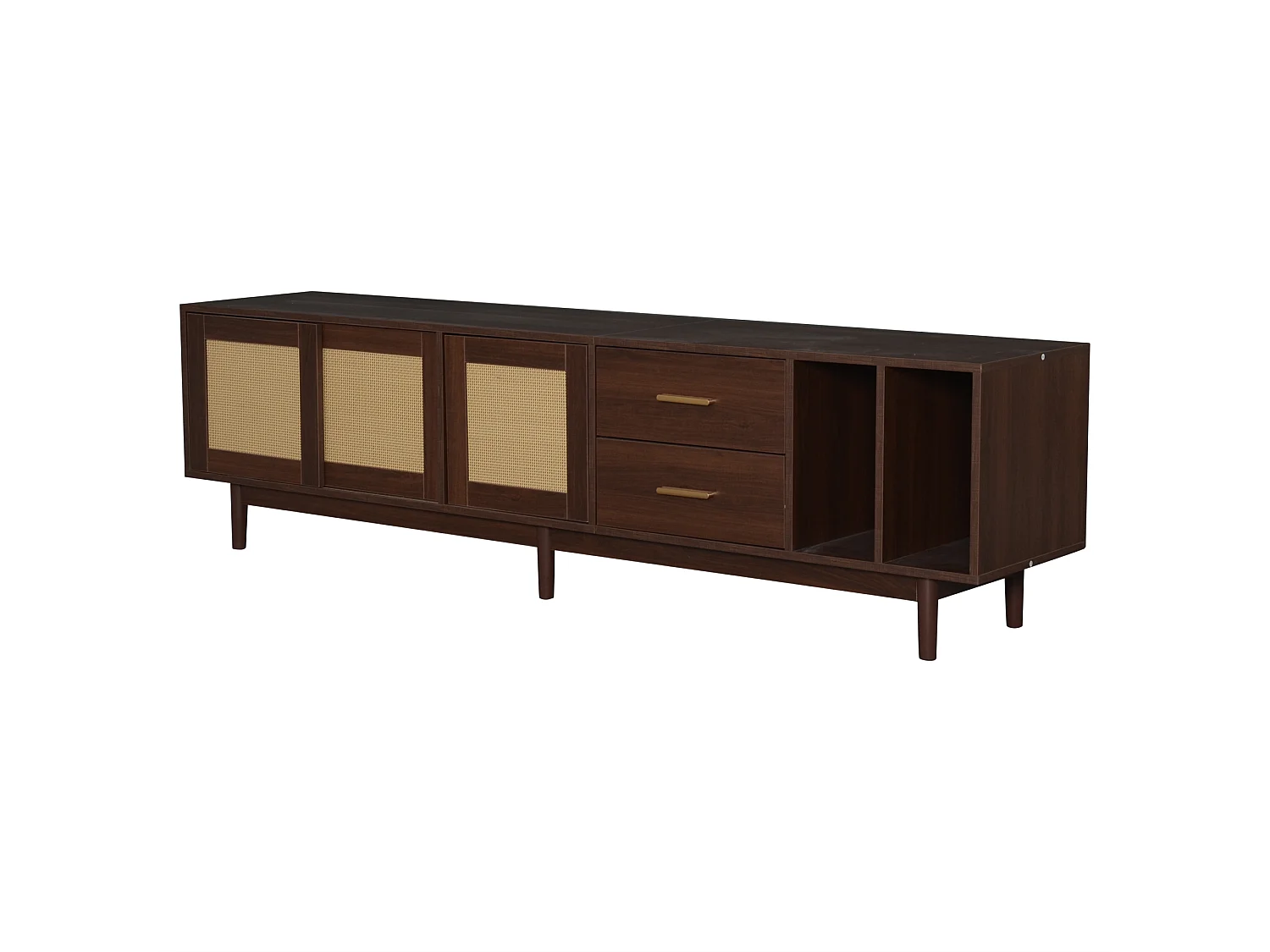 Meuble TV 190x40x52 cm, 3 portes coulissantes, 2 tiroirs et 2 niches, MDF et rotin, marron