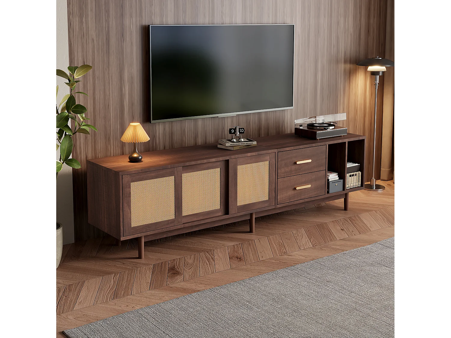 Meuble TV 190x40x52 cm, 3 portes coulissantes, 2 tiroirs et 2 niches, MDF et rotin, marron