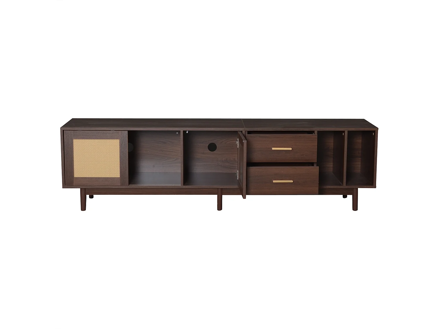 Meuble TV 190x40x52 cm, 3 portes coulissantes, 2 tiroirs et 2 niches, MDF et rotin, marron