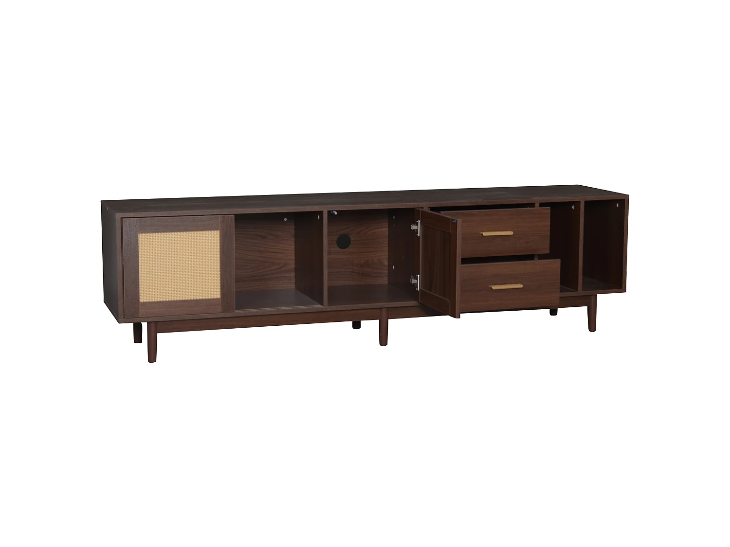 Meuble TV 190x40x52 cm, 3 portes coulissantes, 2 tiroirs et 2 niches, MDF et rotin, marron