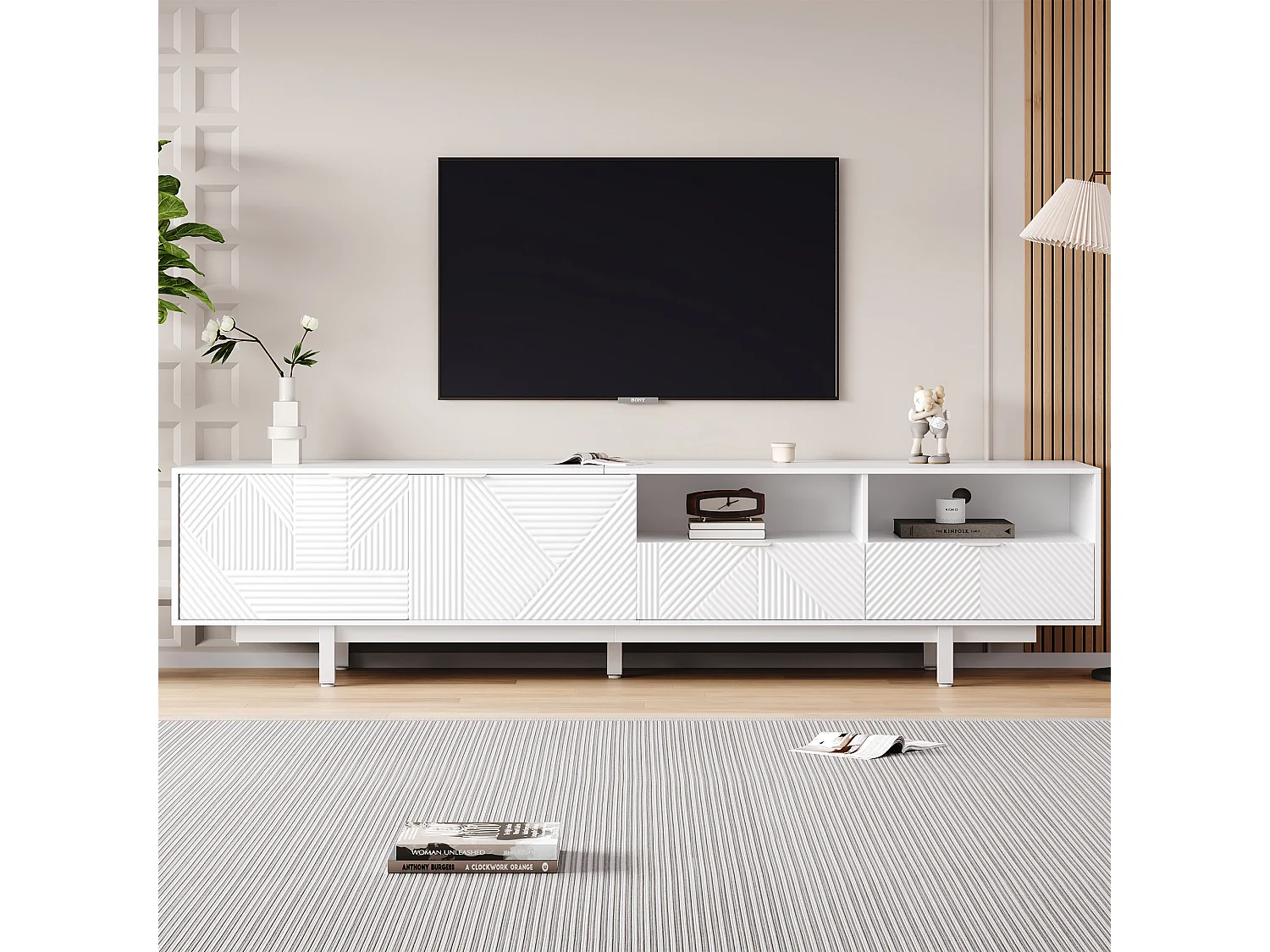 Meuble TV 200x40x51 cm, 2 portes, étagères ouvertes et passe câbles, panneaux de particules blanc