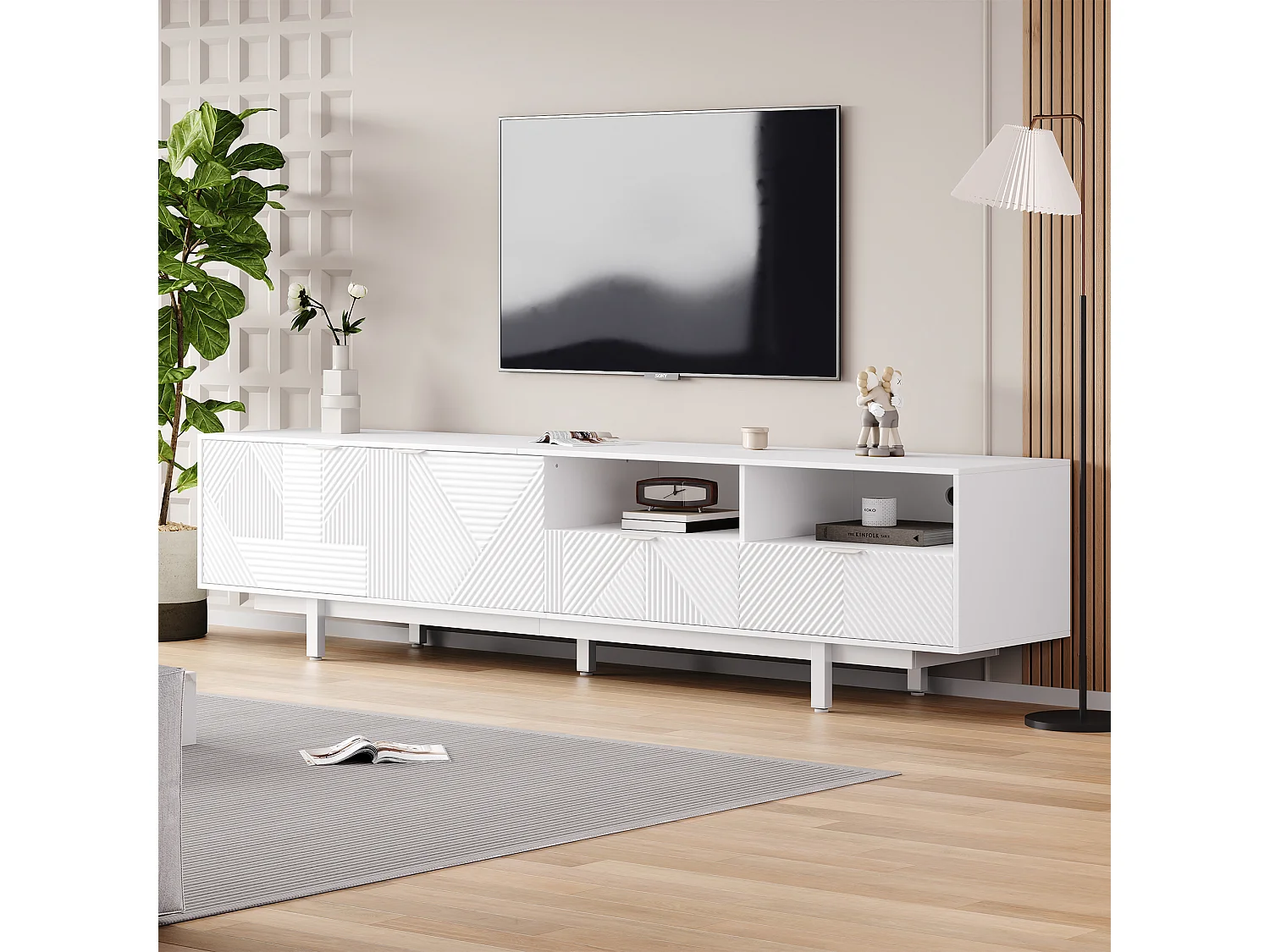 Meuble TV 200x40x51 cm, 2 portes, étagères ouvertes et passe câbles, panneaux de particules blanc