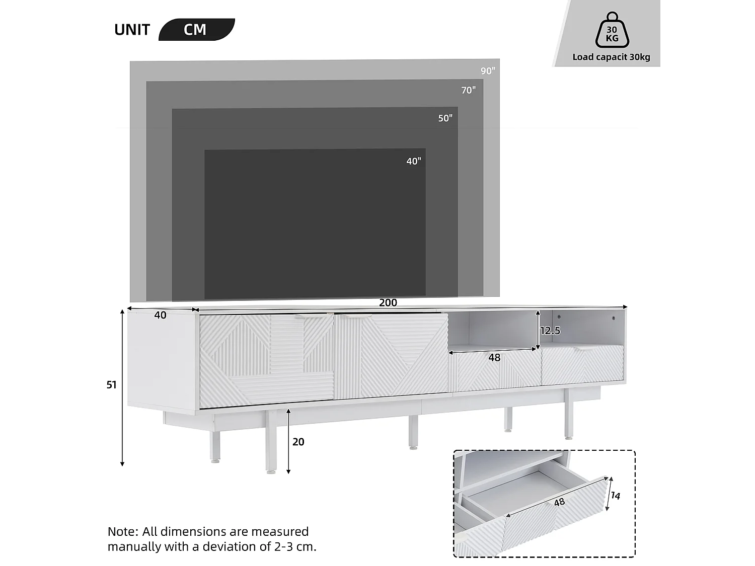 Meuble TV 200x40x51 cm, 2 portes, étagères ouvertes et passe câbles, panneaux de particules blanc